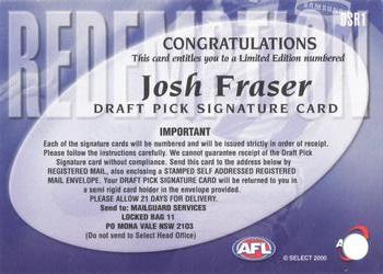 2000 Select AFL Millennium - Draft Pick Signature Redemptions #DSR1 Josh Fraser Back